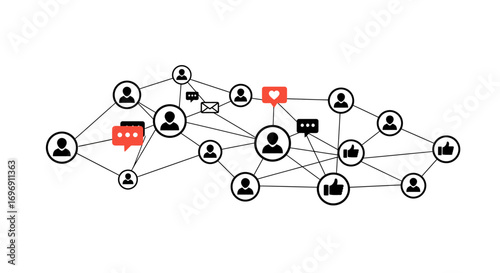 Social network connections with icons representing communication and interaction