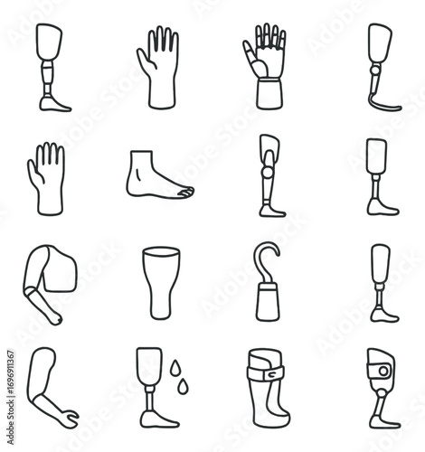 Prosthetics linear icon set. featuring arm, hand, leg, foot, and hook symbols