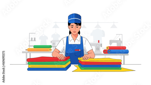 Laundry Day Precision: A meticulous laundry worker, diligently folds colorful garments in a contemporary laundromat setting. Reflecting clean professionalism.