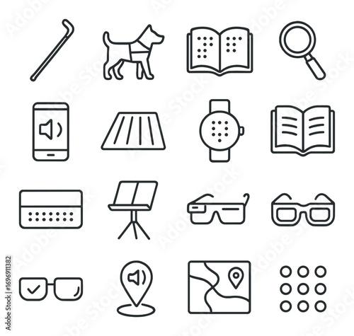 Vision and hearing linear icon set. featuring cane, dog, book, magnifier, braille, and keyboard symbols