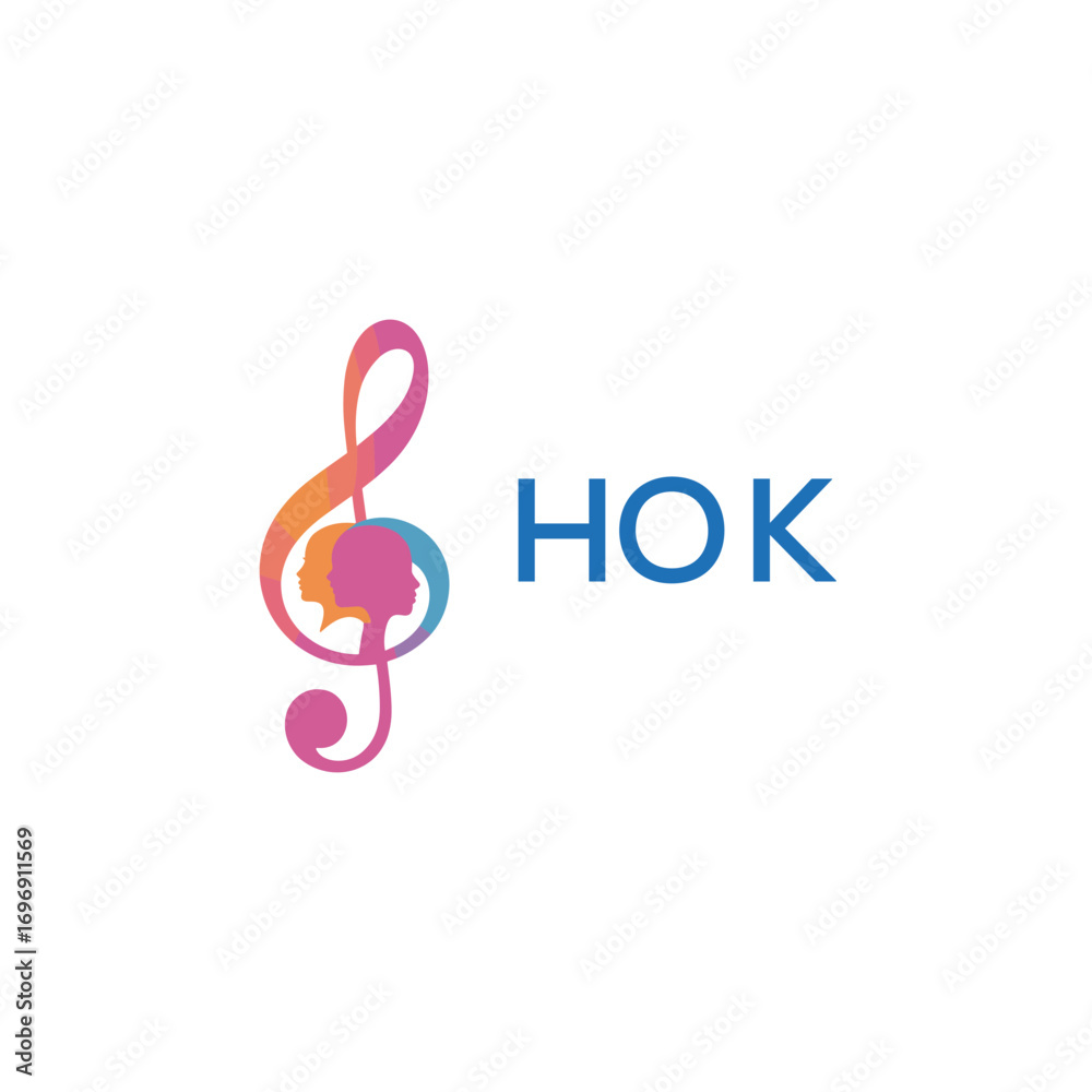 Fototapeta premium HOK “Colorful music logo with human faces and treble clef design” HOK Later Logo, “Creative music academy logo with silhouette heads and notes” 