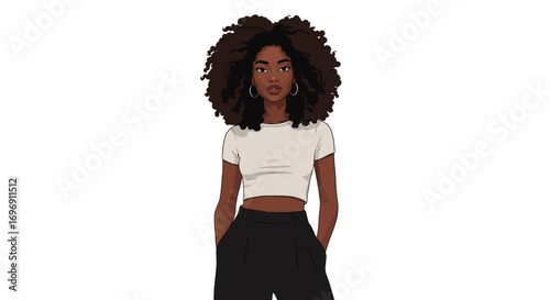 Confident woman with curly hair in modern casual fashion