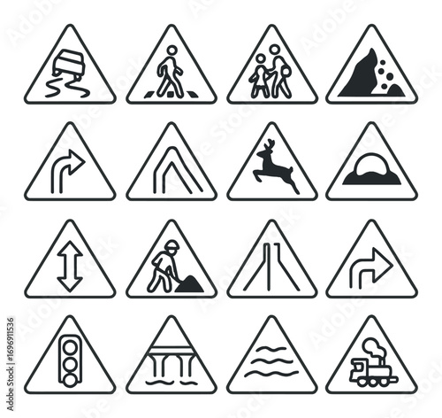 Traffic warning signs linear icon set. featuring slippery road, pedestrian crossing, children, falling rocks, and more