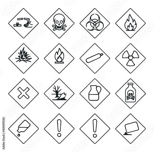 Hazard symbols linear icon set. featuring toxic, flammable, radioactive, corrosive, and explosive icons