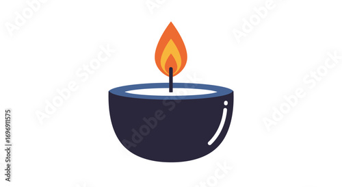Minimalist decorative candle with burning flame on white background