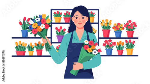 Blooming Beautician: A serene female florist, surrounded by vibrant bouquets, beams with the artistry of botanical design and entrepreneurial ambition.