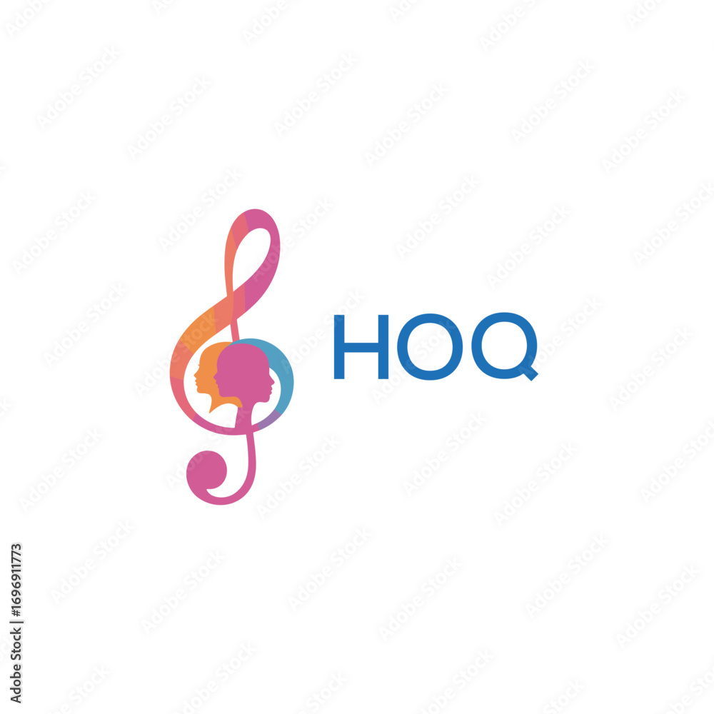 Obraz premium HOQ “Colorful music logo with human faces and treble clef design” HOQ Later Logo, “Creative music academy logo with silhouette heads and notes”
