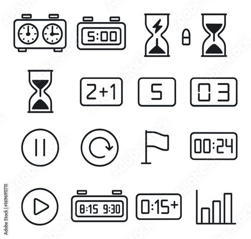 Time management linear icon set. featuring clock, timer, hourglass, stopwatch, calendar, and alarm symbols