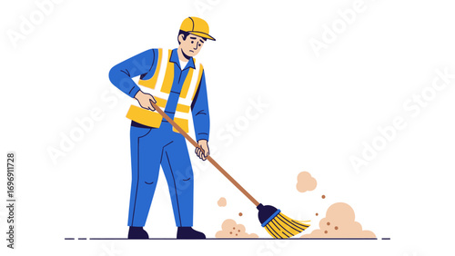 A Sweeping Effort: A dedicated sanitation worker diligently uses a broom to sweep debris, symbolizing community cleanliness and environmental responsibility.