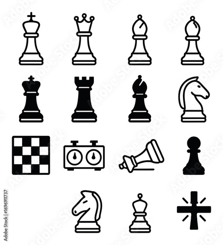 Chess silhouette icons set. featuring king, queen, bishop, rook, knight, pawn, checkmate symbols