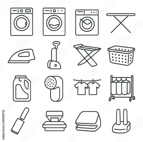 Laundry equipment linear icon set. featuring washing machine, ironing board, basket, detergent, and clothesline symbols