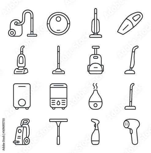Home appliances linear icon set. featuring vacuum, humidifier, steam mop, floor cleaner, and robot cleaner symbols