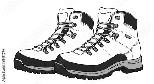 Detailed drawing of sturdy hiking boots with laces and rugged soles