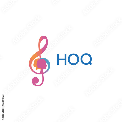HOQ “Colorful music logo with human faces and treble clef design” HOQ Later Logo, “Creative music academy logo with silhouette heads and notes” 
