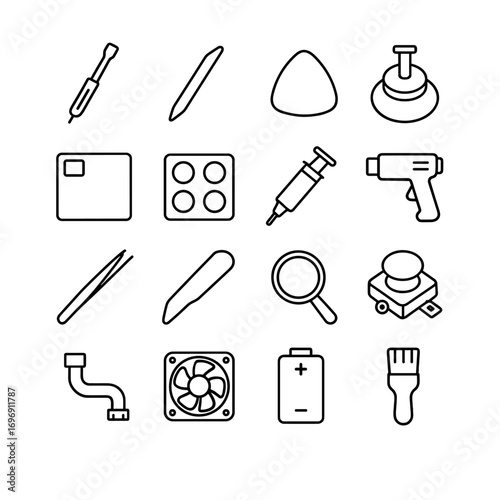 Electronics repair linear icon set. featuring screwdriver, stylus, pick, soldering iron, tweezers, magnifier, and brush symbols