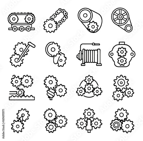 Industrial machinery linear icon set. featuring gear, chain, pulley, winch, and mechanism symbols