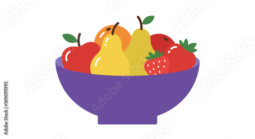 Colorful bowl of fruit with pears and apples in flat style