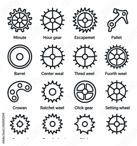 Clockwork silhouette icon set. featuring gear, escapement, pallet, barrel, ratchet, and setting wheel symbols