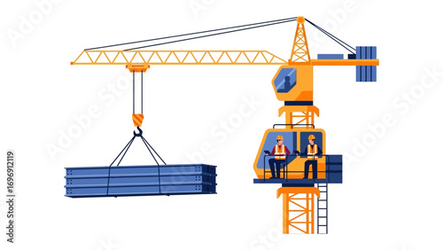 Construction Crane at Work: A detailed illustration showcases a towering construction crane in full operation, with two operators safely inside the cabin, lifting a load of metal.