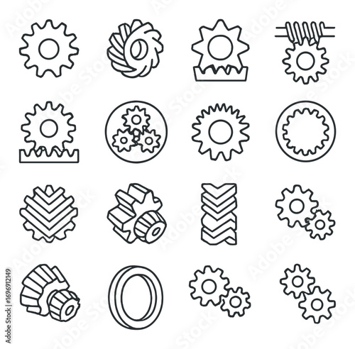 Engineering gear linear icons set. featuring cog, wheel, machinery, industry, sprocket, mechanism, and cogwheel symbols