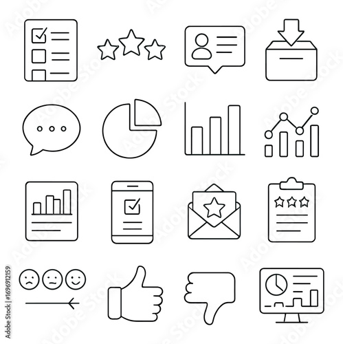 Business feedback linear icon set. featuring survey, rating, comment, report, analytics, and checklist symbols