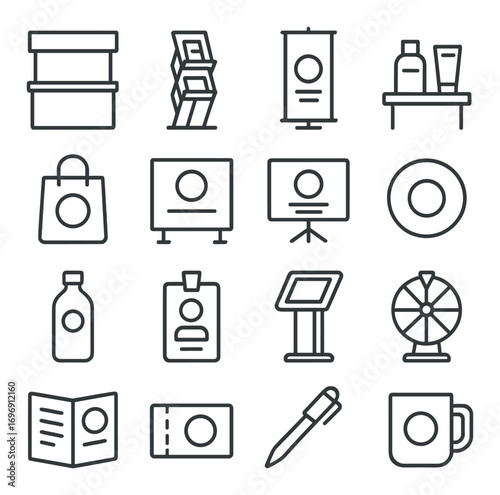 Marketing materials linear icon set. featuring brochures, posters, banners, stands, and promotional items