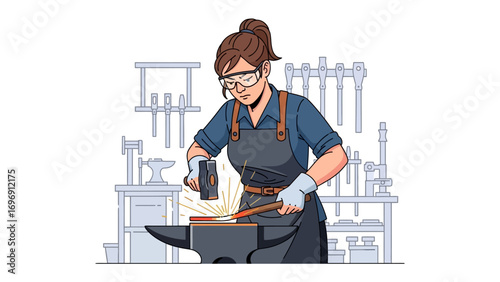 Craftswoman at Work: A focused craftswoman meticulously works, skillfully using a hammer on a glowing metal piece atop an anvil in her workshop. A portrait of concentration and artisanal skill.