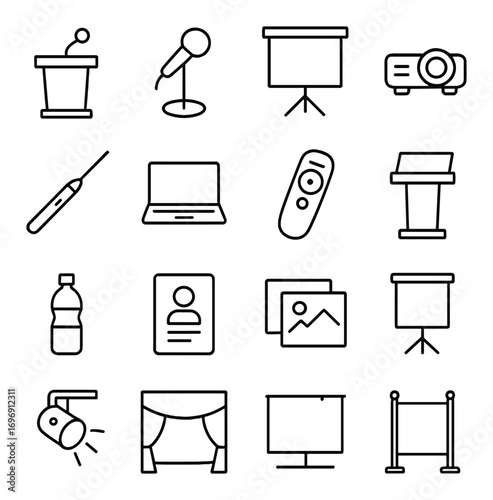 Conference equipment linear icon set. featuring podium, microphone, projector, laser pointer, and laptop symbols