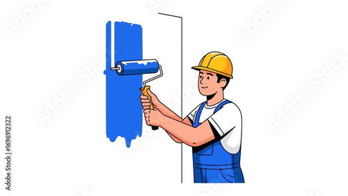 Painting the Vision: A skilled painter, garbed in a blue overall and a yellow helmet, meticulously applies vibrant blue paint with a roller, breathing life into the wall.