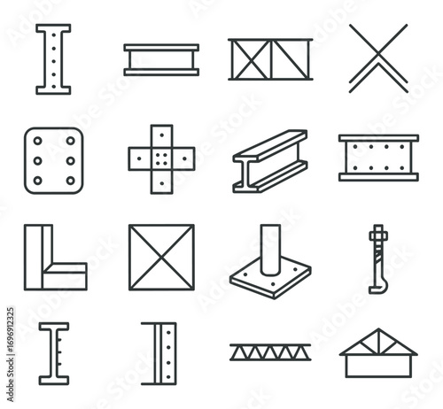 Construction materials linear icon set. featuring beam, column, cross, brace, footing, and truss symbols