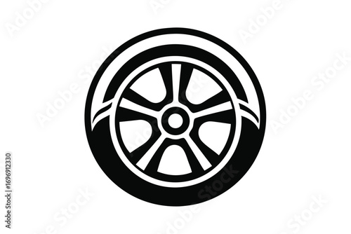 Black and White Graphic of a Car Tire with Five Spokes and Treads