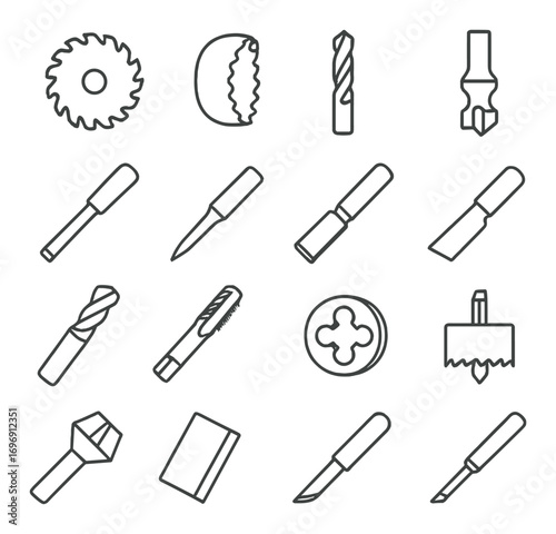Industrial tools linear icon set. featuring saw, clamp, drill, chisel, knife, and file symbols