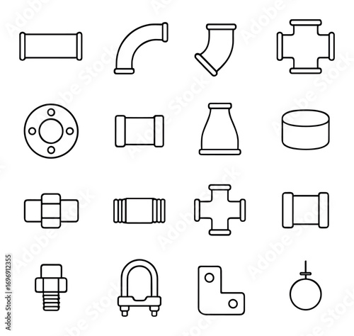 Plumbing components linear icon set. featuring pipe, elbow, tee, flange, reducer, and cap symbols