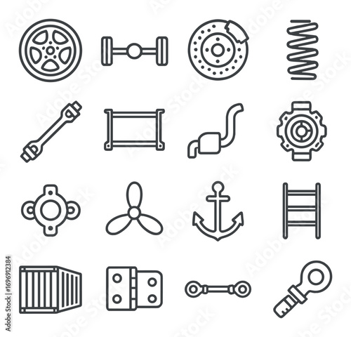 Automotive parts linear icon set. featuring wheel, axle, brake, spring, shaft, muffler, and engine symbols