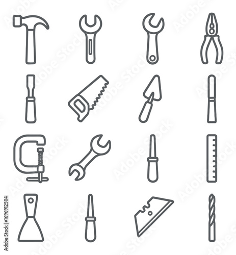 Carpentry tools linear icon set. featuring hammer, wrench, pliers, saw, chisel, clamp, ruler, and drill symbols