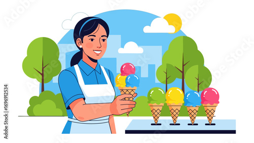 The Joyful Confection: An ice cream vendor, smiles, offering a delightful variety of colorful scoops. A charming illustration of the simple pleasure of the perfect treat.