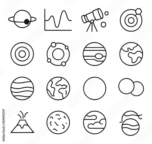 Astronomy linear icon set. featuring planet, graph, telescope, orbit, earth, and volcano symbols