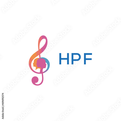 HPF “Colorful music logo with human faces and treble clef design” HPF Later Logo, “Creative music academy logo with silhouette heads and notes” 
