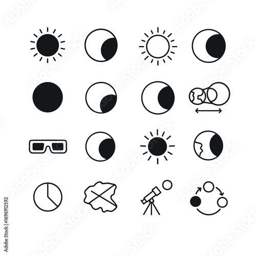 Astronomy and space linear icons set. featuring sun, moon, eclipse, glasses, orbit, and telescope symbols