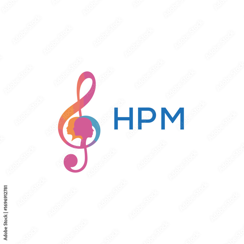 Obraz premium HPM “Colorful music logo with human faces and treble clef design” HPM Later Logo, “Creative music academy logo with silhouette heads and notes”
