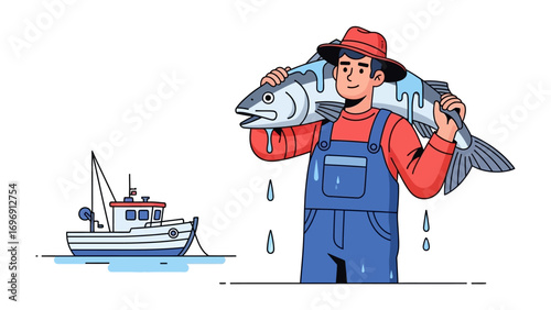 Fisherman's Catch: A sturdy fisherman confidently carries a large fish over his shoulder, ready to share the bountiful harvest with the community. A charming scene of maritime livelihood.