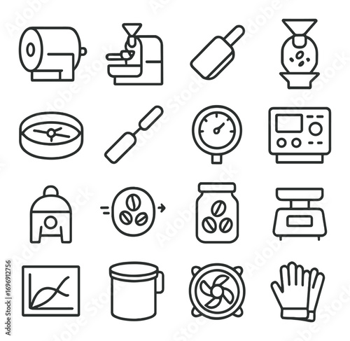 Coffee equipment linear icon set. featuring grinder, scale, roaster, thermometer, and compass symbols
