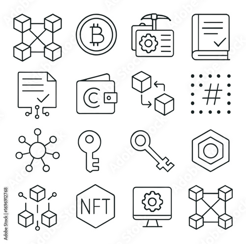 Cryptocurrency linear icon set. featuring blockchain, bitcoin, wallet, nft, security, coding, and data symbols