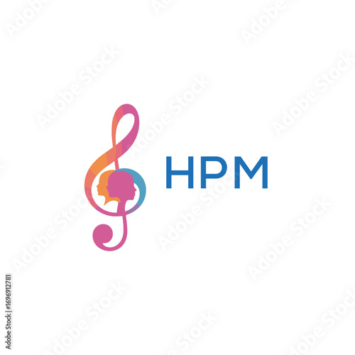 HPM “Colorful music logo with human faces and treble clef design” HPM Later Logo, “Creative music academy logo with silhouette heads and notes” 
