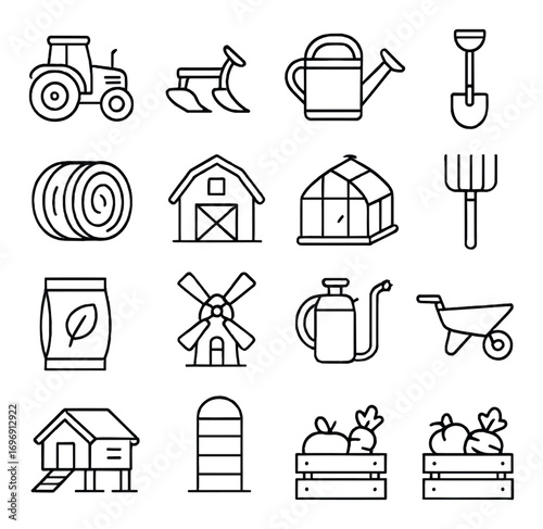 Agriculture and farm linear icon set. featuring tractor, plow, watering can, shovel, and barn symbols