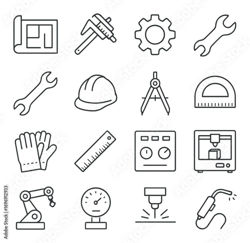 Construction tools linear icon set. featuring blueprint, wrench, hard hat, compass, ruler, gloves, and 3d printer symbols