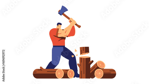 Woodsman at Work: Witness a strong woodsman masterfully splitting wood with an ax, showcasing strength, precision, and a connection to the natural world.