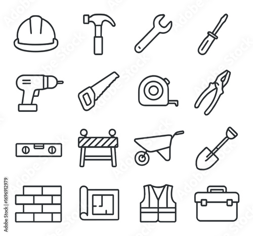 Construction tools linear icon set. featuring helmet, hammer, wrench, screwdriver, drill, and saw symbols
