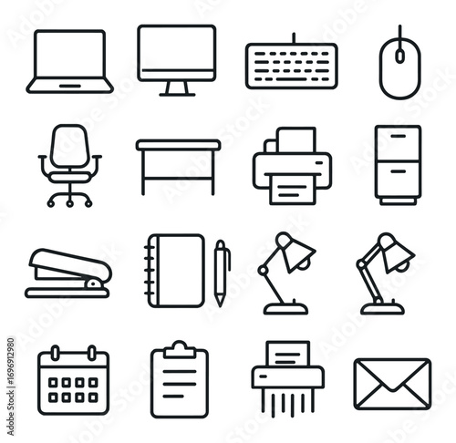 Office equipment linear icon set. featuring computer, keyboard, printer, desk, chair, lamp, and file symbols