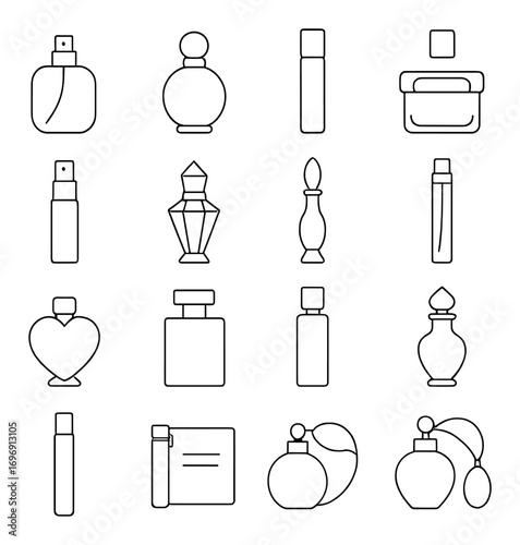 Perfume bottles linear icon set. featuring spray, heart-shaped, vintage, crystal, and compact fragrance designs